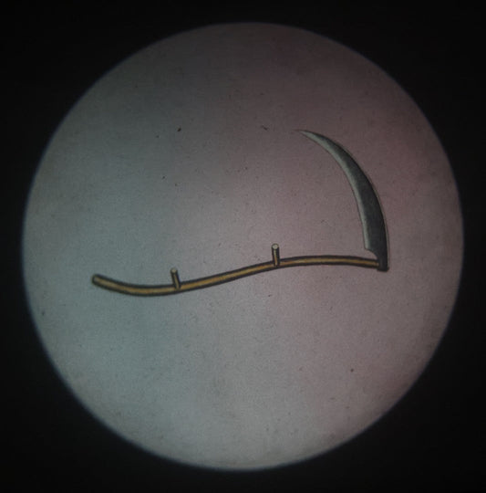 Lot 020 - Antique Hand Colored Odd Fellows I.O.O.F. Magic Lantern Glass Slide With Wood Holder, No. 4 The Scythe, Manufactured By The Henderson-Ames Co., Kalamazoo, Michigan