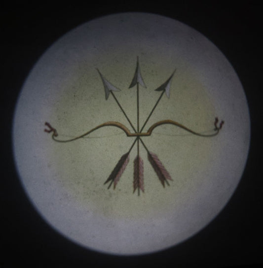 Lot 021 - Antique Hand Colored Odd Fellows I.O.O.F. Magic Lantern Glass Slide With Wood Holder, No. 5 Bow And Arrow, Manufactured By The Henderson-Ames Co., Kalamazoo, Michigan