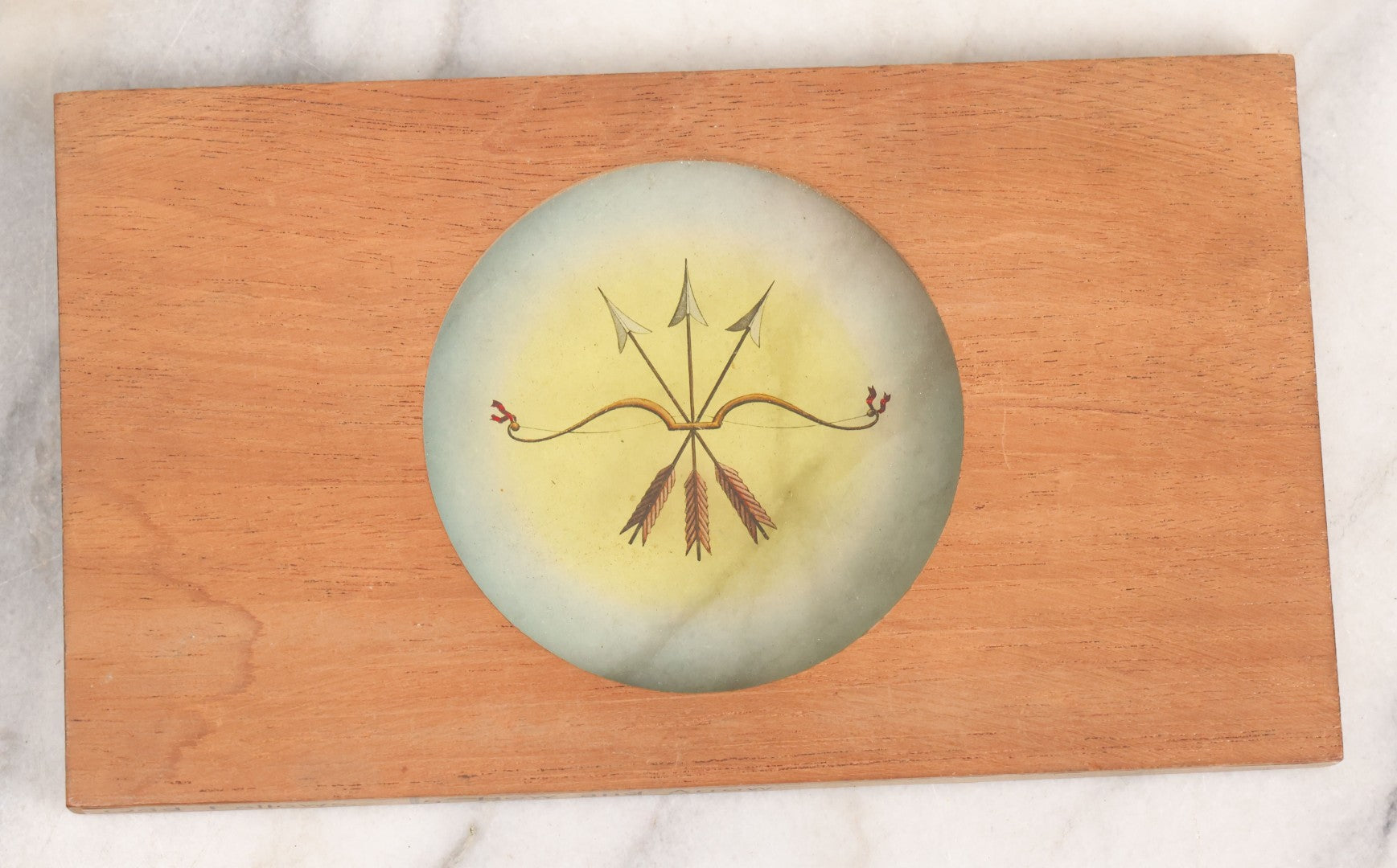 Lot 021 - Antique Hand Colored Odd Fellows I.O.O.F. Magic Lantern Glass Slide With Wood Holder, No. 5 Bow And Arrow, Manufactured By The Henderson-Ames Co., Kalamazoo, Michigan