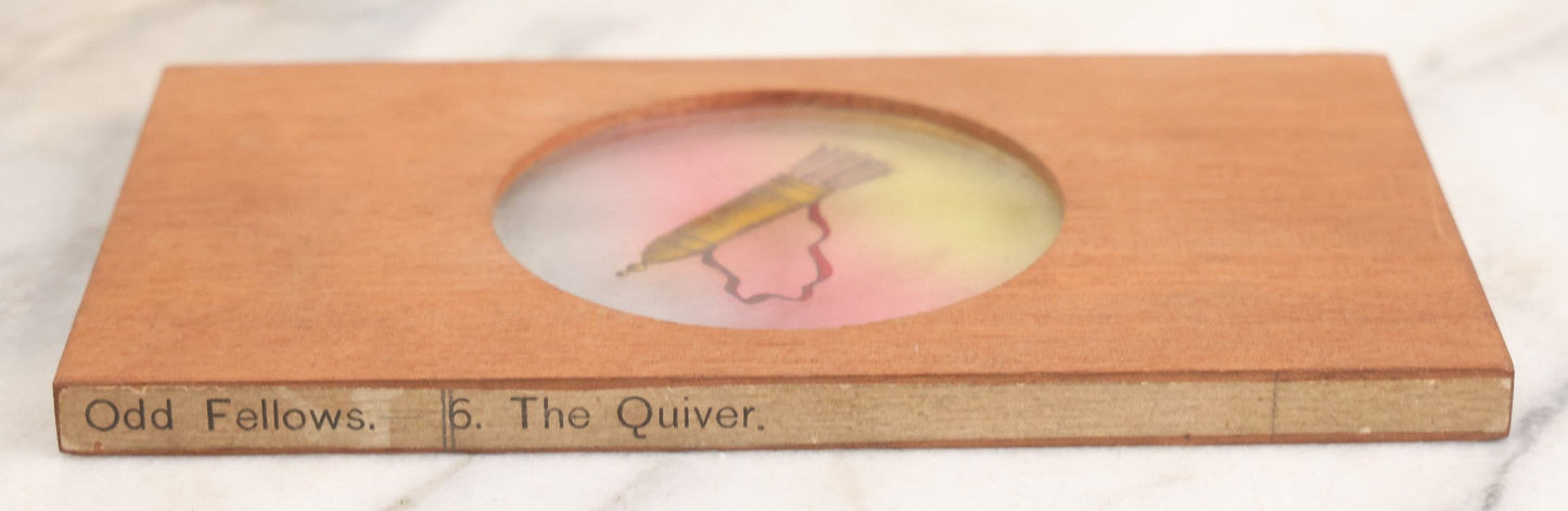 Lot 022 - Antique Hand Colored Odd Fellows I.O.O.F. Magic Lantern Glass Slide With Wood Holder, No. 6 The Quiver, Manufactured By The Henderson-Ames Co., Kalamazoo, Michigan