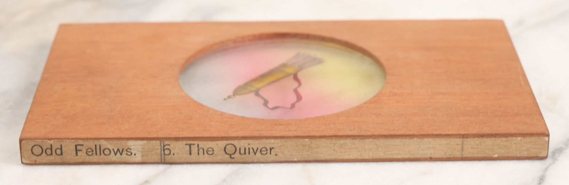 Lot 022 - Antique Hand Colored Odd Fellows I.O.O.F. Magic Lantern Glass Slide With Wood Holder, No. 6 The Quiver, Manufactured By The Henderson-Ames Co., Kalamazoo, Michigan