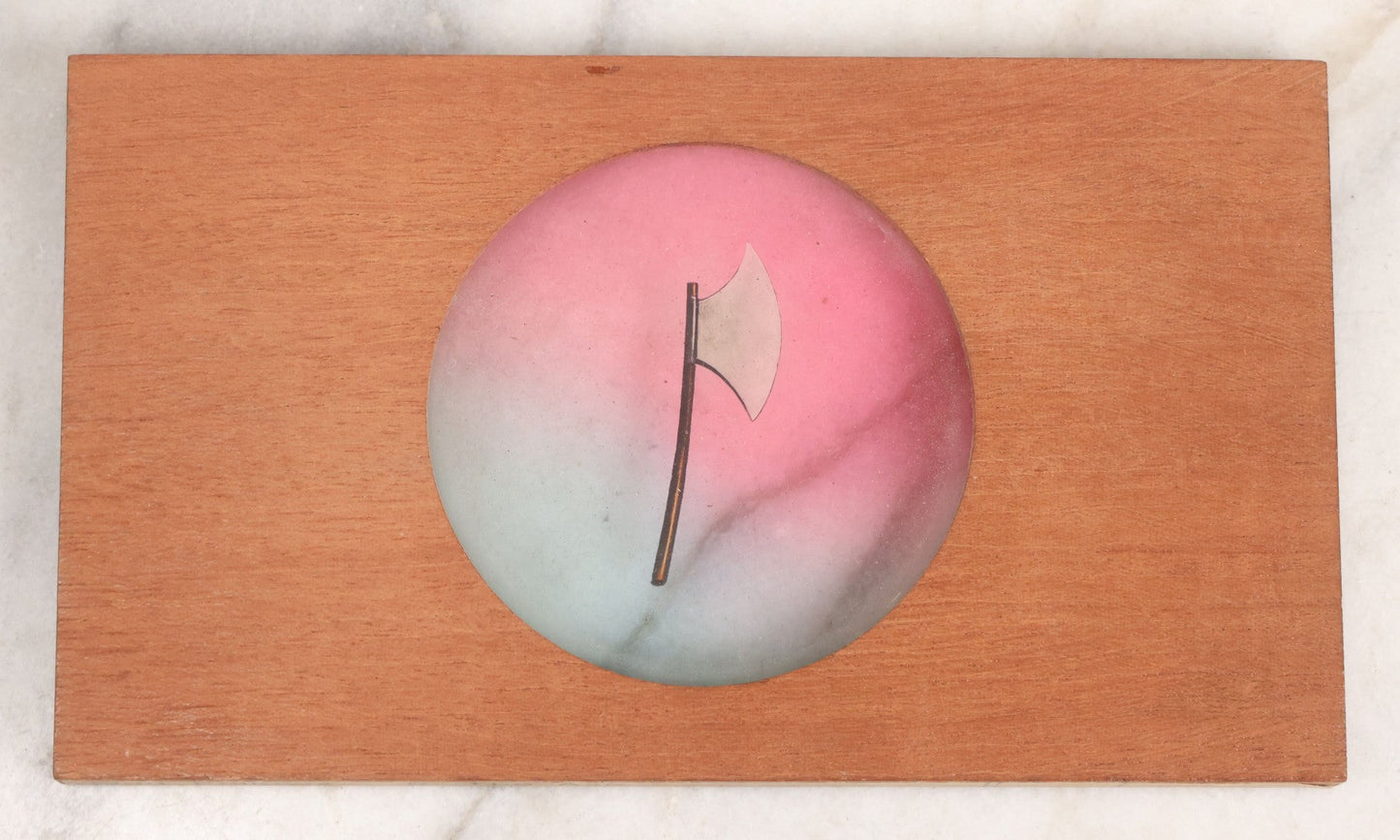 Lot 024 - Antique Hand Colored Odd Fellows I.O.O.F. Magic Lantern Glass Slide With Wood Holder, No. 8 The Axe, Manufactured By The Henderson-Ames Co., Kalamazoo, Michigan