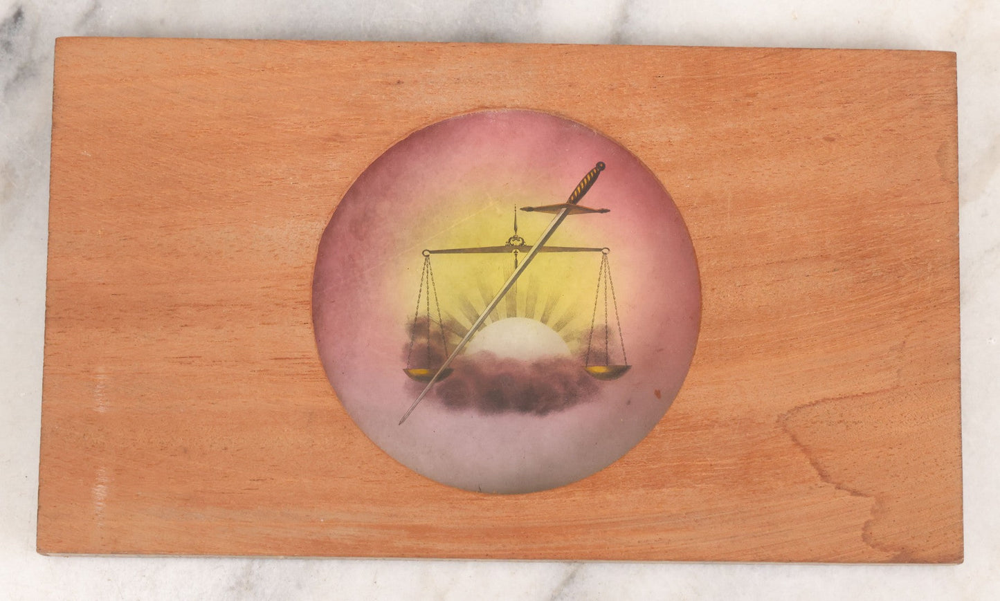 Lot 029 - Antique Hand Colored Odd Fellows I.O.O.F. Magic Lantern Glass Slide With Wood Holder, No. 13 Scales And Sword, Manufactured By The Henderson-Ames Co., Kalamazoo, Michigan