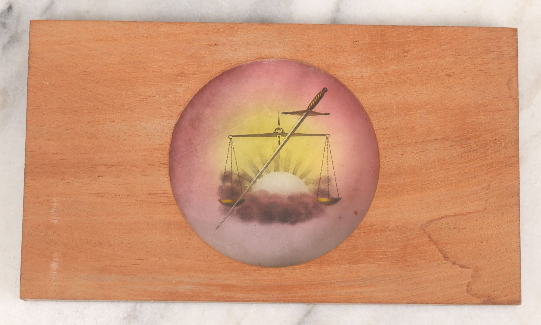 Lot 029 - Antique Hand Colored Odd Fellows I.O.O.F. Magic Lantern Glass Slide With Wood Holder, No. 13 Scales And Sword, Manufactured By The Henderson-Ames Co., Kalamazoo, Michigan