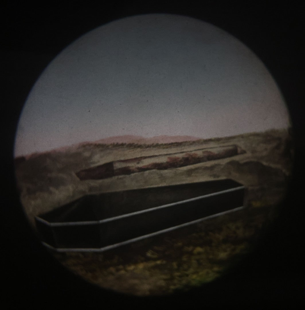 Lot 032 - Antique Hand Colored Odd Fellows I.O.O.F. Magic Lantern Glass Slide With Wood Holder, No. 16 The Coffin, Manufactured By The Henderson-Ames Co., Kalamazoo, Michigan