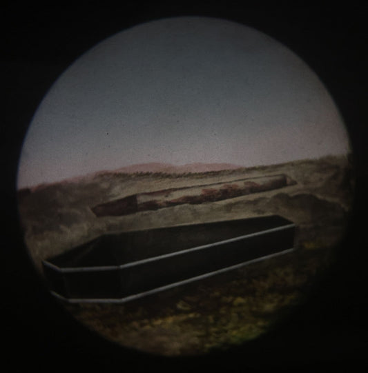 Lot 032 - Antique Hand Colored Odd Fellows I.O.O.F. Magic Lantern Glass Slide With Wood Holder, No. 16 The Coffin, Manufactured By The Henderson-Ames Co., Kalamazoo, Michigan