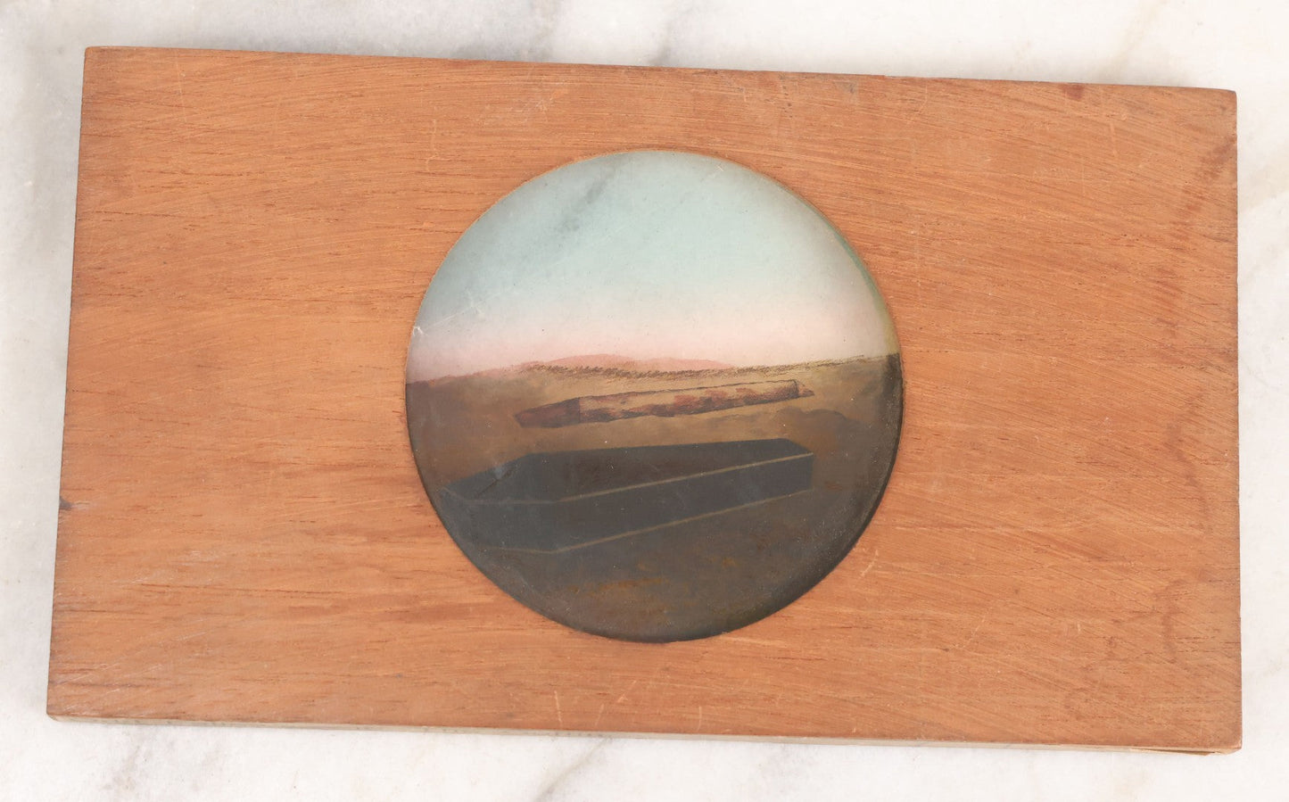 Lot 032 - Antique Hand Colored Odd Fellows I.O.O.F. Magic Lantern Glass Slide With Wood Holder, No. 16 The Coffin, Manufactured By The Henderson-Ames Co., Kalamazoo, Michigan