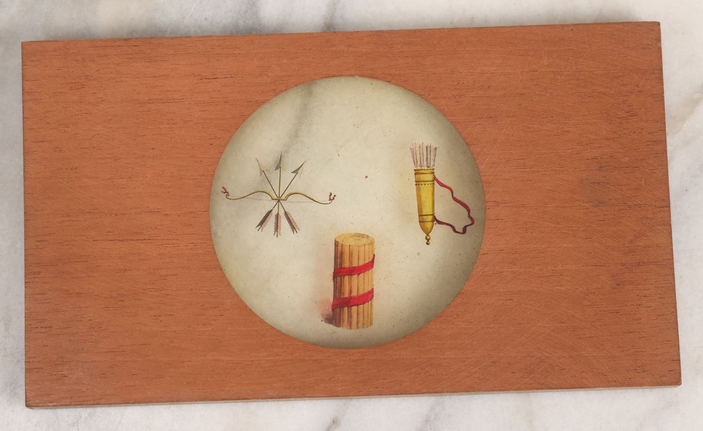 Lot 034 - Antique Hand Colored Odd Fellows I.O.O.F. Magic Lantern Glass Slide With Wood Holder, First Degree, Depicting The Bow And Arrow, Quiver, And Bundle Of Sticks, Manufactured By The Henderson-Ames Co., Kalamazoo, Michigan