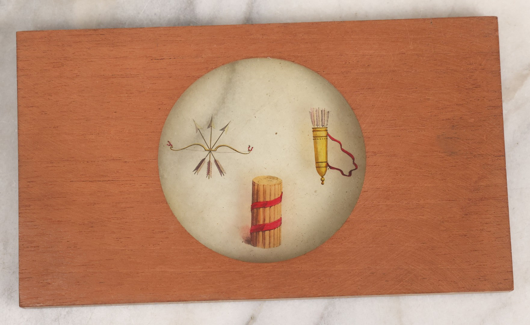 Lot 034 - Antique Hand Colored Odd Fellows I.O.O.F. Magic Lantern Glass Slide With Wood Holder, First Degree, Depicting The Bow And Arrow, Quiver, And Bundle Of Sticks, Manufactured By The Henderson-Ames Co., Kalamazoo, Michigan