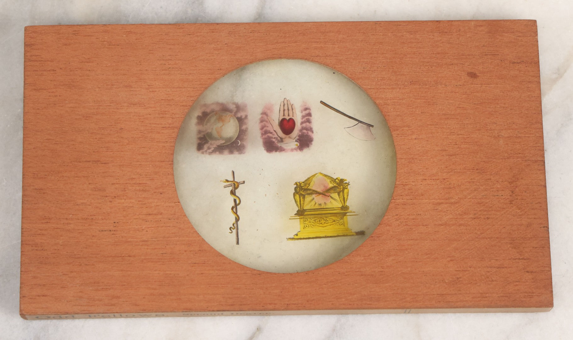 Lot 035 - Antique Hand Colored Odd Fellows I.O.O.F. Magic Lantern Glass Slide With Wood Holder, Second Degree, Depicting The Globe, Heart And Hand, Serpent, And Ark, Manufactured By The Henderson-Ames Co., Kalamazoo, Michigan