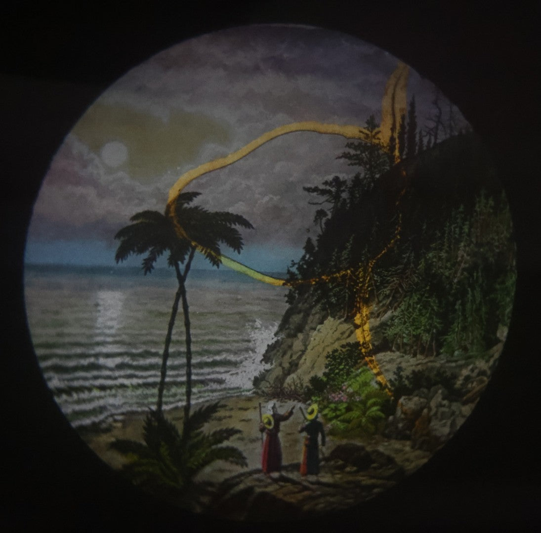 Lot 036 - Antique Hand Colored Odd Fellows I.O.O.F. Magic Lantern Glass Slide With Wood Holder, Special Second Degree No. 1, Pines On The Mountain Side, Manufactured By The Henderson-Ames Co., Kalamazoo, Michigan, Note Yellowish Water Stain