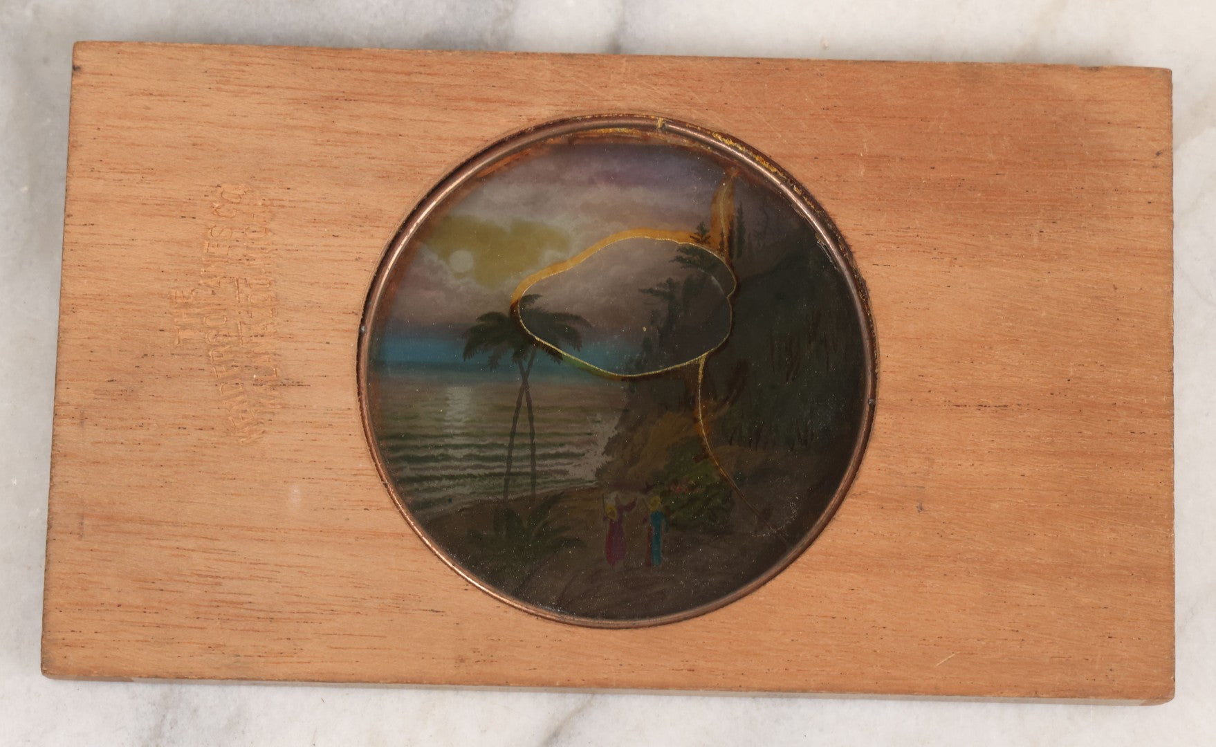 Lot 036 - Antique Hand Colored Odd Fellows I.O.O.F. Magic Lantern Glass Slide With Wood Holder, Special Second Degree No. 1, Pines On The Mountain Side, Manufactured By The Henderson-Ames Co., Kalamazoo, Michigan, Note Yellowish Water Stain