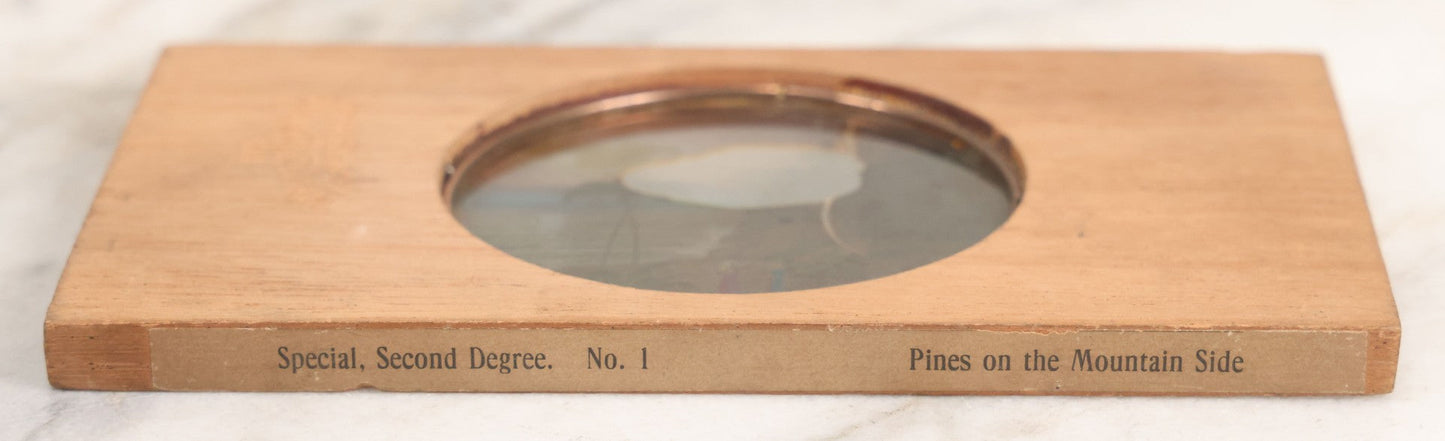 Lot 036 - Antique Hand Colored Odd Fellows I.O.O.F. Magic Lantern Glass Slide With Wood Holder, Special Second Degree No. 1, Pines On The Mountain Side, Manufactured By The Henderson-Ames Co., Kalamazoo, Michigan, Note Yellowish Water Stain