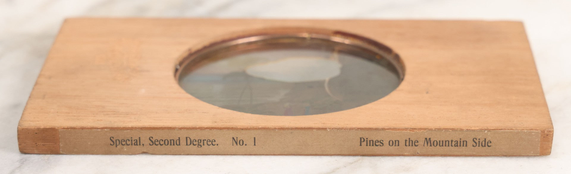 Lot 036 - Antique Hand Colored Odd Fellows I.O.O.F. Magic Lantern Glass Slide With Wood Holder, Special Second Degree No. 1, Pines On The Mountain Side, Manufactured By The Henderson-Ames Co., Kalamazoo, Michigan, Note Yellowish Water Stain