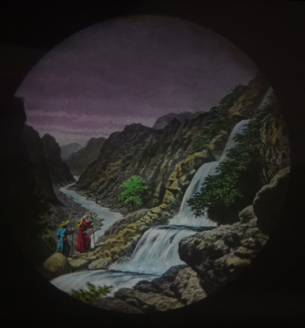 Lot 038 - Antique Hand Colored Odd Fellows I.O.O.F. Magic Lantern Glass Slide With Wood Holder, Special Second Degree No. 3, The Narrow Defile, Manufactured By The Henderson-Ames Co., Kalamazoo, Michigan