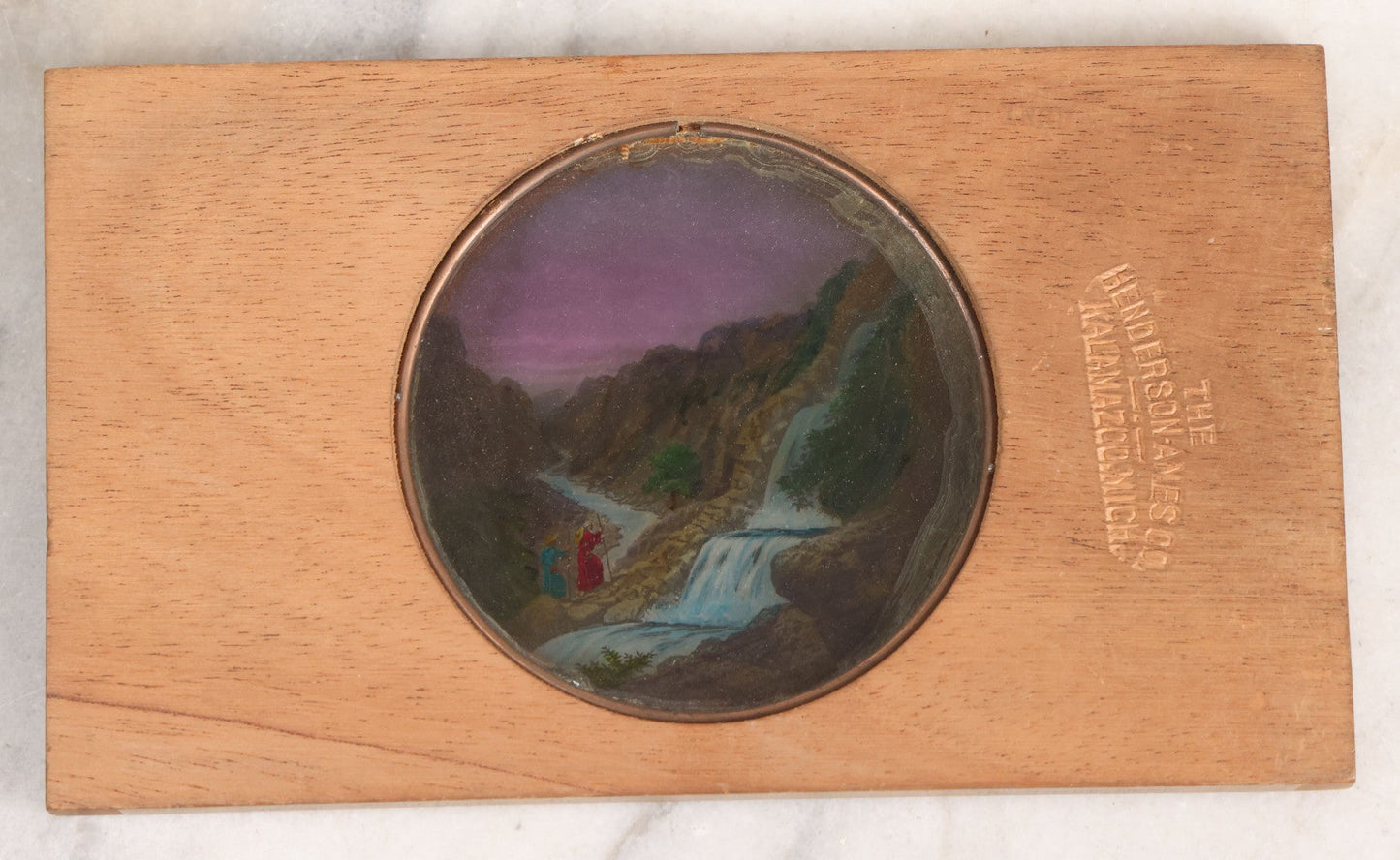 Lot 038 - Antique Hand Colored Odd Fellows I.O.O.F. Magic Lantern Glass Slide With Wood Holder, Special Second Degree No. 3, The Narrow Defile, Manufactured By The Henderson-Ames Co., Kalamazoo, Michigan