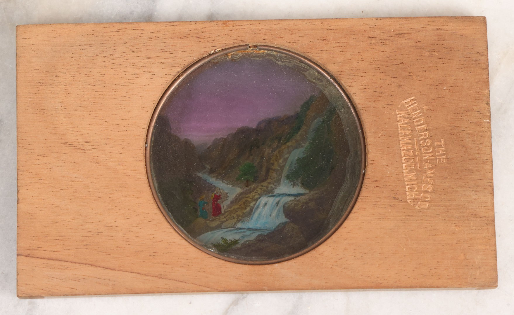 Lot 038 - Antique Hand Colored Odd Fellows I.O.O.F. Magic Lantern Glass Slide With Wood Holder, Special Second Degree No. 3, The Narrow Defile, Manufactured By The Henderson-Ames Co., Kalamazoo, Michigan