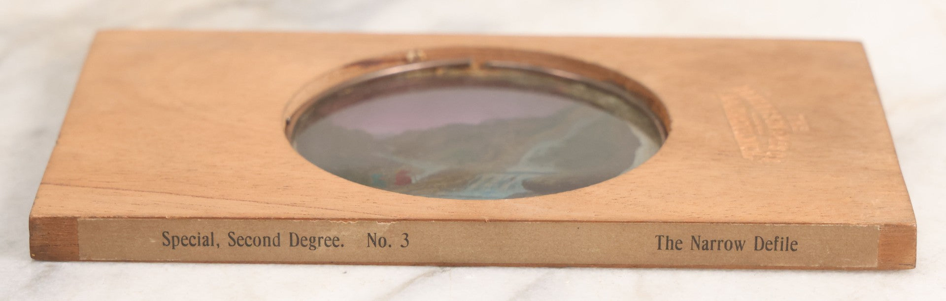 Lot 038 - Antique Hand Colored Odd Fellows I.O.O.F. Magic Lantern Glass Slide With Wood Holder, Special Second Degree No. 3, The Narrow Defile, Manufactured By The Henderson-Ames Co., Kalamazoo, Michigan