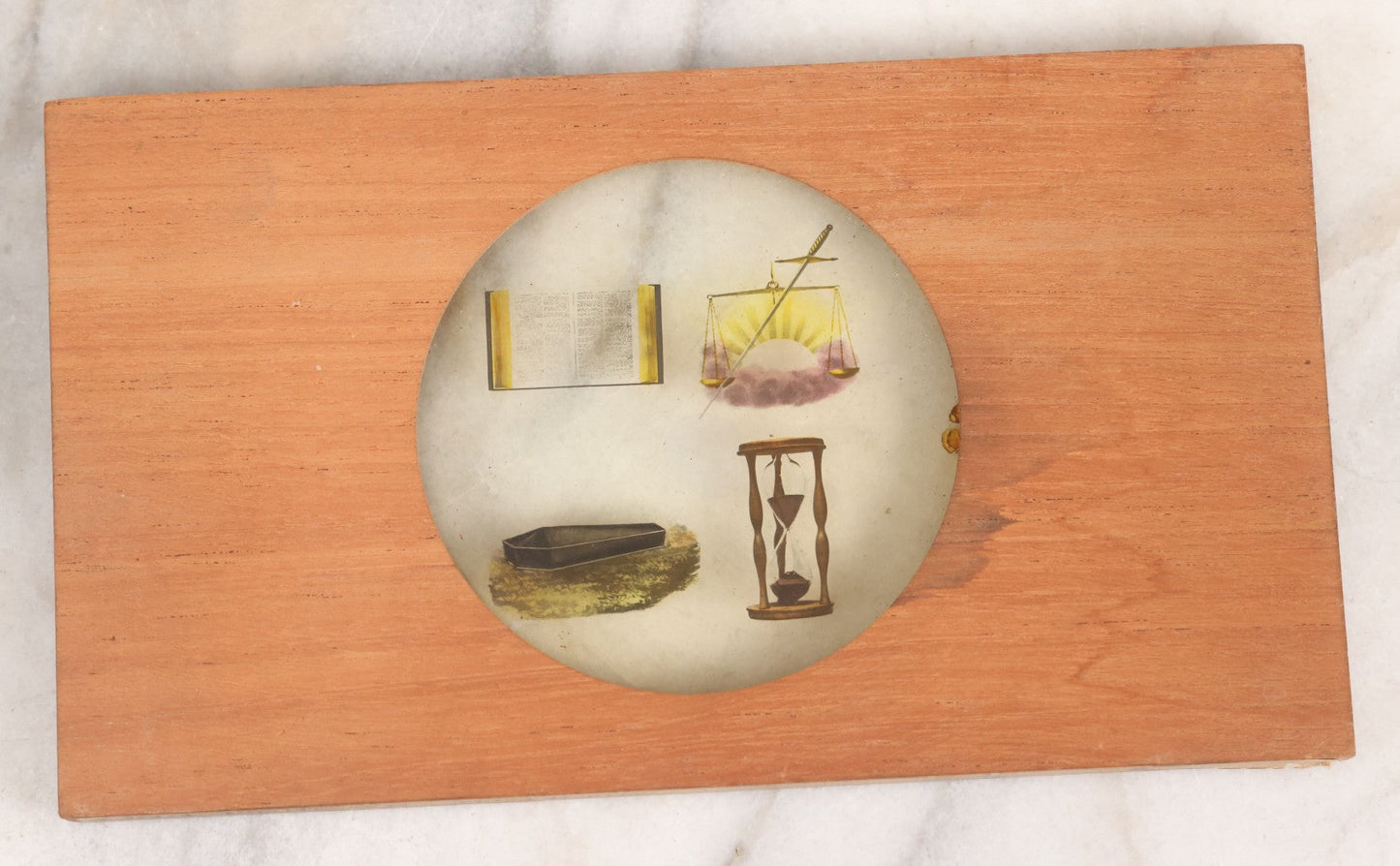 Lot 039 - Antique Hand Colored Odd Fellows I.O.O.F. Magic Lantern Glass Slide With Wood Holder, Third Degree, Depicting The Bible, Scales, Hour Glass, And Coffin, Manufactured By The Henderson-Ames Co., Kalamazoo, Michigan