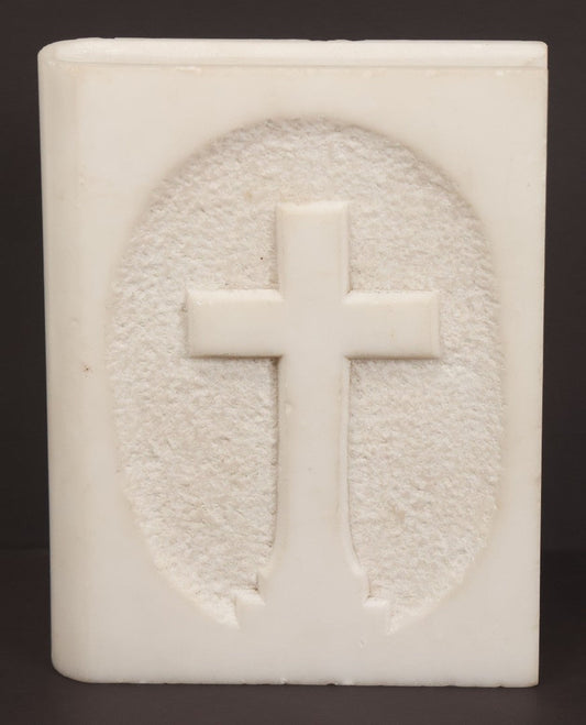 Lot 040 - Antique Carved Marble Book-Form Bible With Cross Motif, Funerary Or Devotional Token, Likely Gravestone Carver's Sample Or Memorial Keepsake, Circa Late 19th To Early 20th Century
