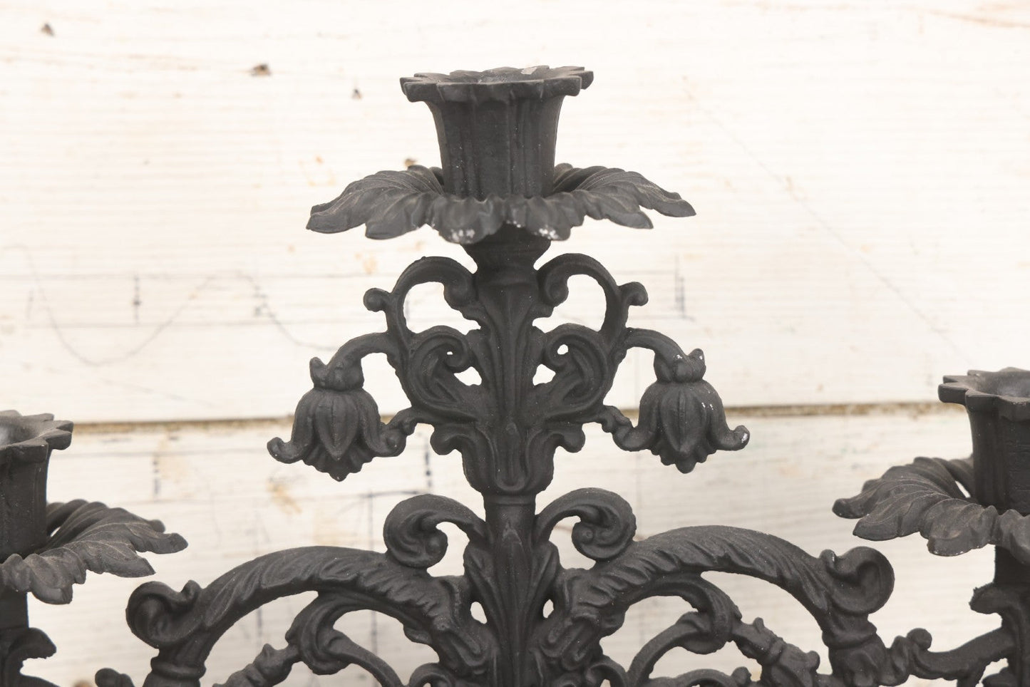 Lot 041 - Vintage Pair Of Ornate Cast Aluminum Three-Arm Candelabra With Scrolling Foliate Design And Square Plinth Bases, Painted Black, Reproductions Of Earlier Designs, 13-1/2" H Each