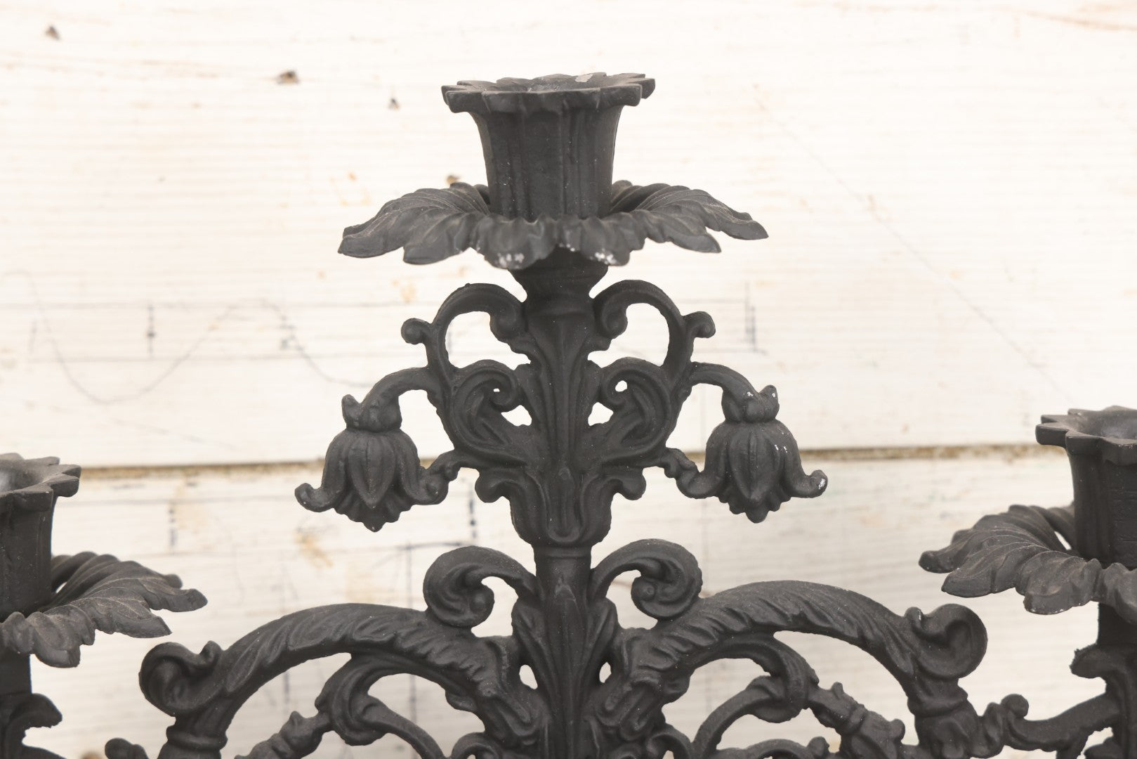 Lot 041 - Vintage Pair Of Ornate Cast Aluminum Three-Arm Candelabra With Scrolling Foliate Design And Square Plinth Bases, Painted Black, Reproductions Of Earlier Designs, 13-1/2" H Each