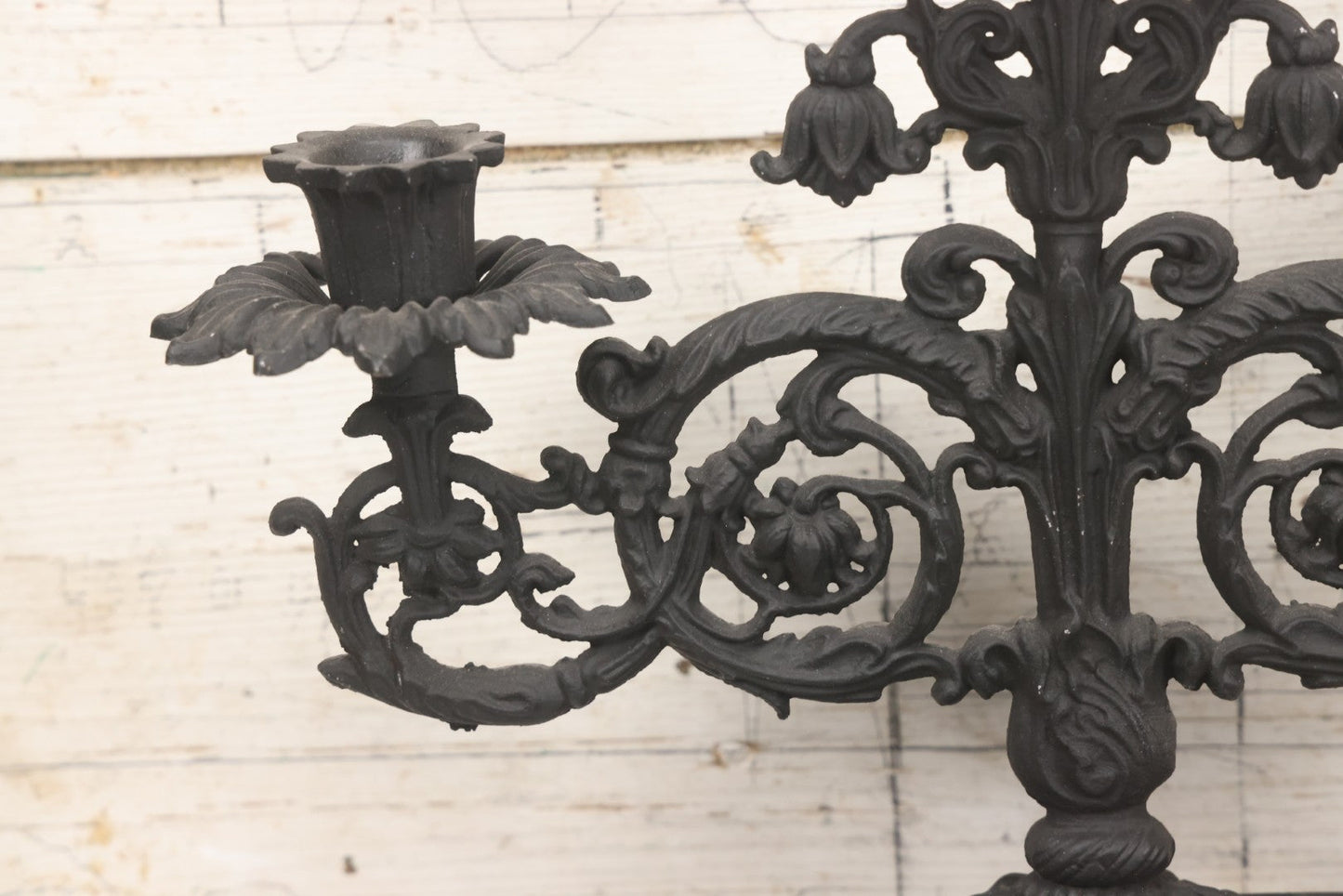 Lot 041 - Vintage Pair Of Ornate Cast Aluminum Three-Arm Candelabra With Scrolling Foliate Design And Square Plinth Bases, Painted Black, Reproductions Of Earlier Designs, 13-1/2" H Each