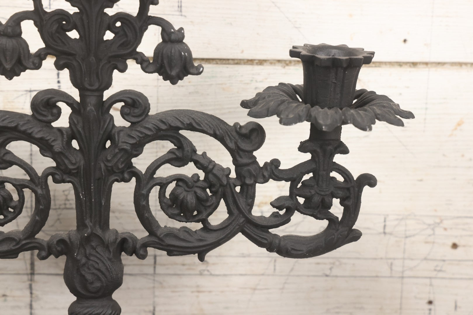Lot 041 - Vintage Pair Of Ornate Cast Aluminum Three-Arm Candelabra With Scrolling Foliate Design And Square Plinth Bases, Painted Black, Reproductions Of Earlier Designs, 13-1/2" H Each