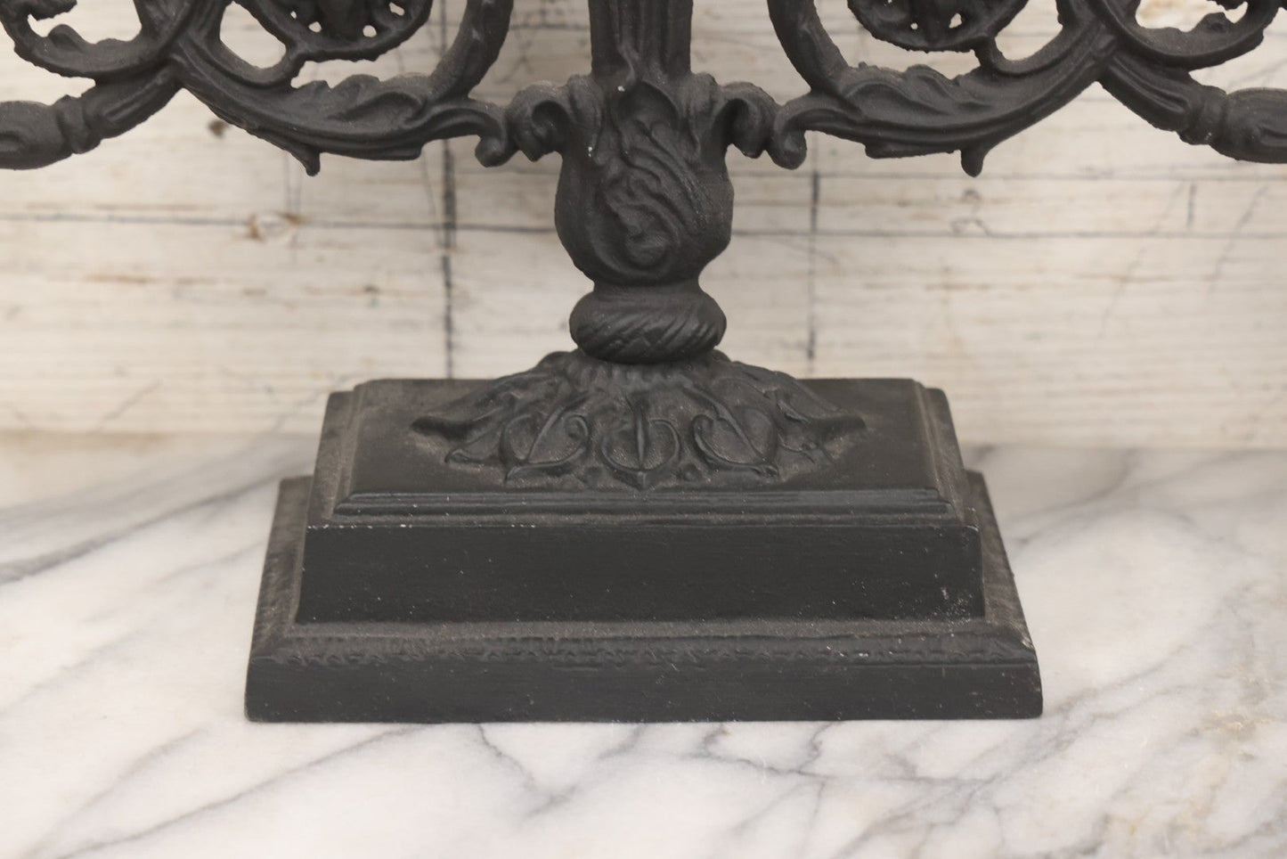 Lot 041 - Vintage Pair Of Ornate Cast Aluminum Three-Arm Candelabra With Scrolling Foliate Design And Square Plinth Bases, Painted Black, Reproductions Of Earlier Designs, 13-1/2" H Each