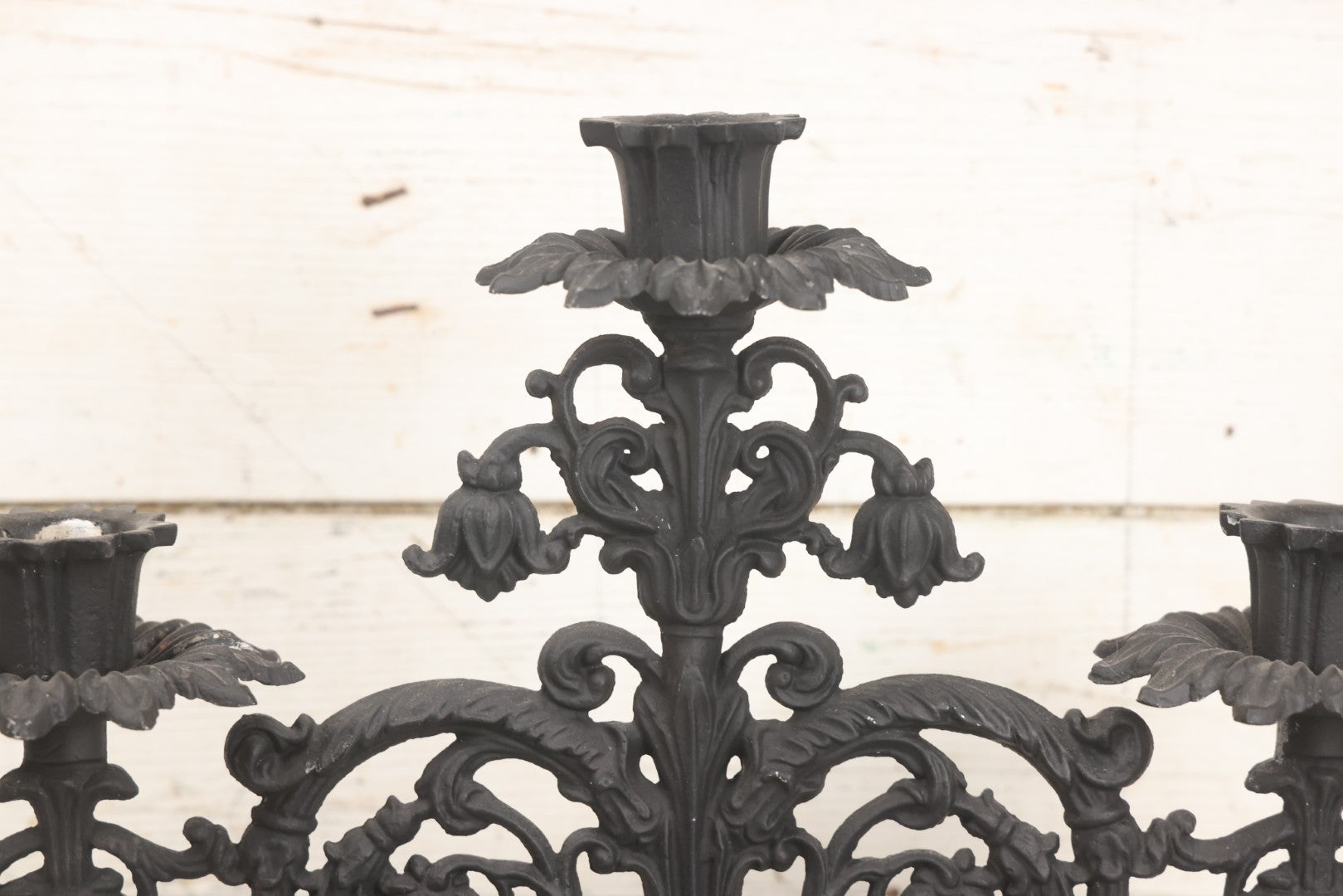 Lot 041 - Vintage Pair Of Ornate Cast Aluminum Three-Arm Candelabra With Scrolling Foliate Design And Square Plinth Bases, Painted Black, Reproductions Of Earlier Designs, 13-1/2" H Each