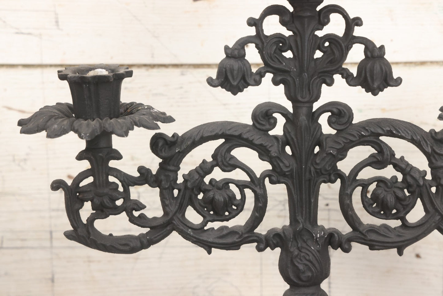 Lot 041 - Vintage Pair Of Ornate Cast Aluminum Three-Arm Candelabra With Scrolling Foliate Design And Square Plinth Bases, Painted Black, Reproductions Of Earlier Designs, 13-1/2" H Each