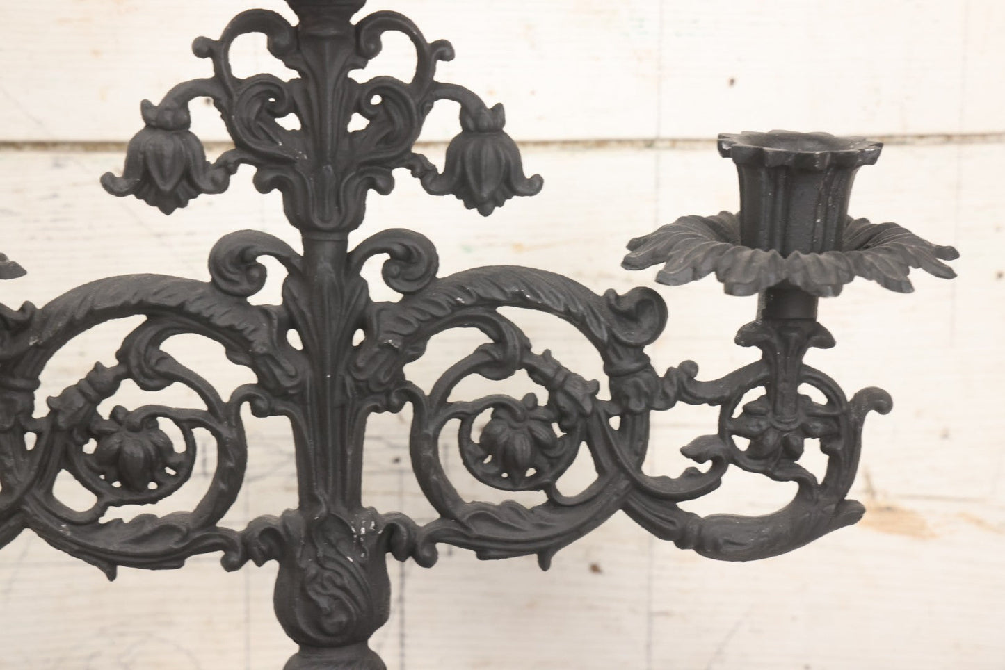 Lot 041 - Vintage Pair Of Ornate Cast Aluminum Three-Arm Candelabra With Scrolling Foliate Design And Square Plinth Bases, Painted Black, Reproductions Of Earlier Designs, 13-1/2" H Each