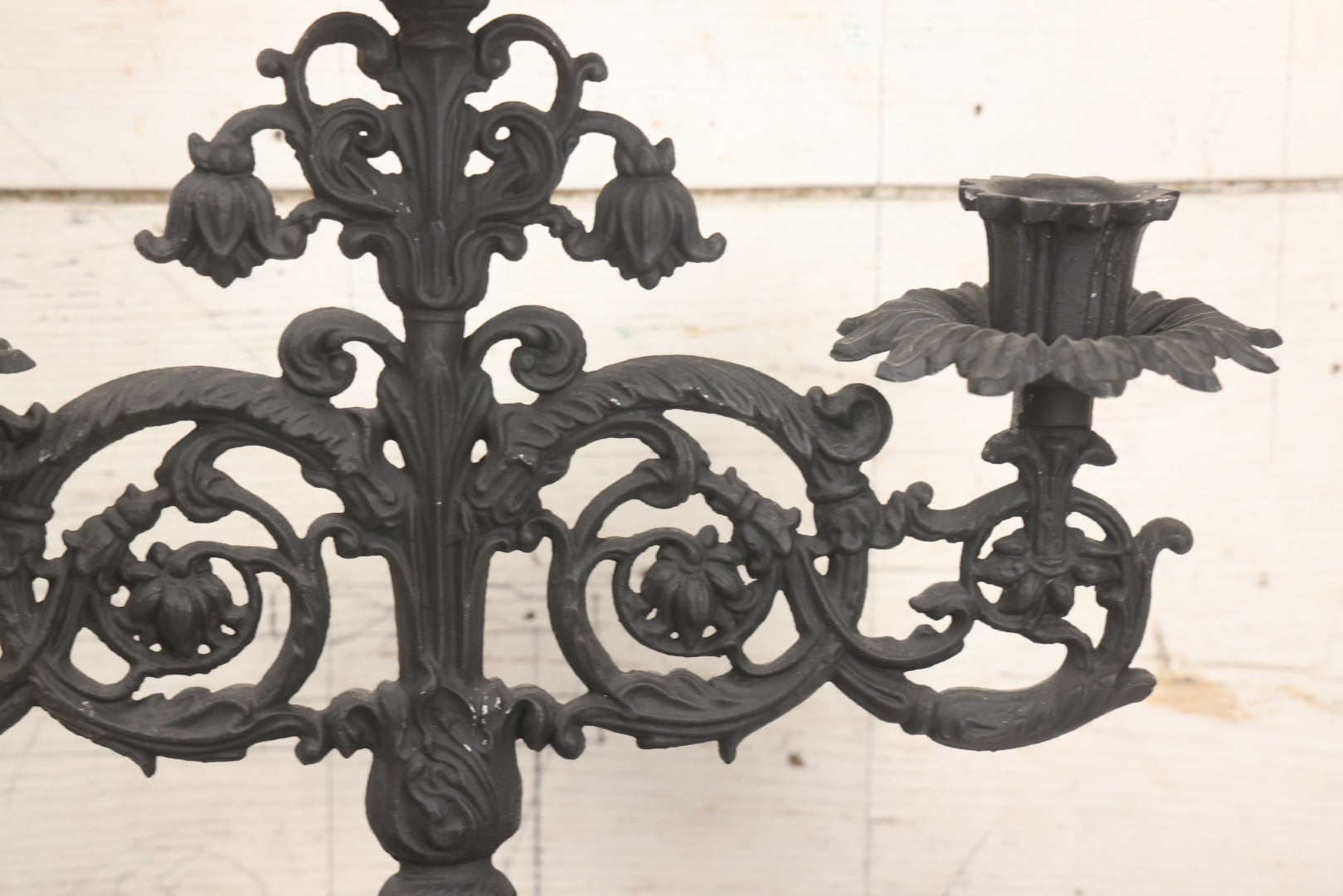 Lot 041 - Vintage Pair Of Ornate Cast Aluminum Three-Arm Candelabra With Scrolling Foliate Design And Square Plinth Bases, Painted Black, Reproductions Of Earlier Designs, 13-1/2" H Each