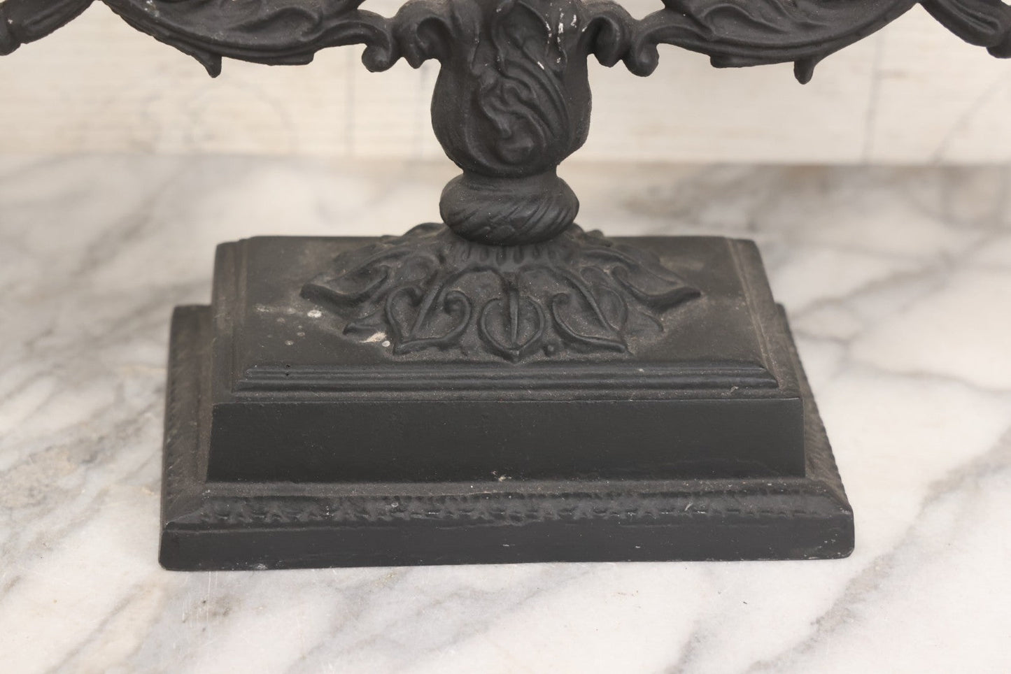 Lot 041 - Vintage Pair Of Ornate Cast Aluminum Three-Arm Candelabra With Scrolling Foliate Design And Square Plinth Bases, Painted Black, Reproductions Of Earlier Designs, 13-1/2" H Each