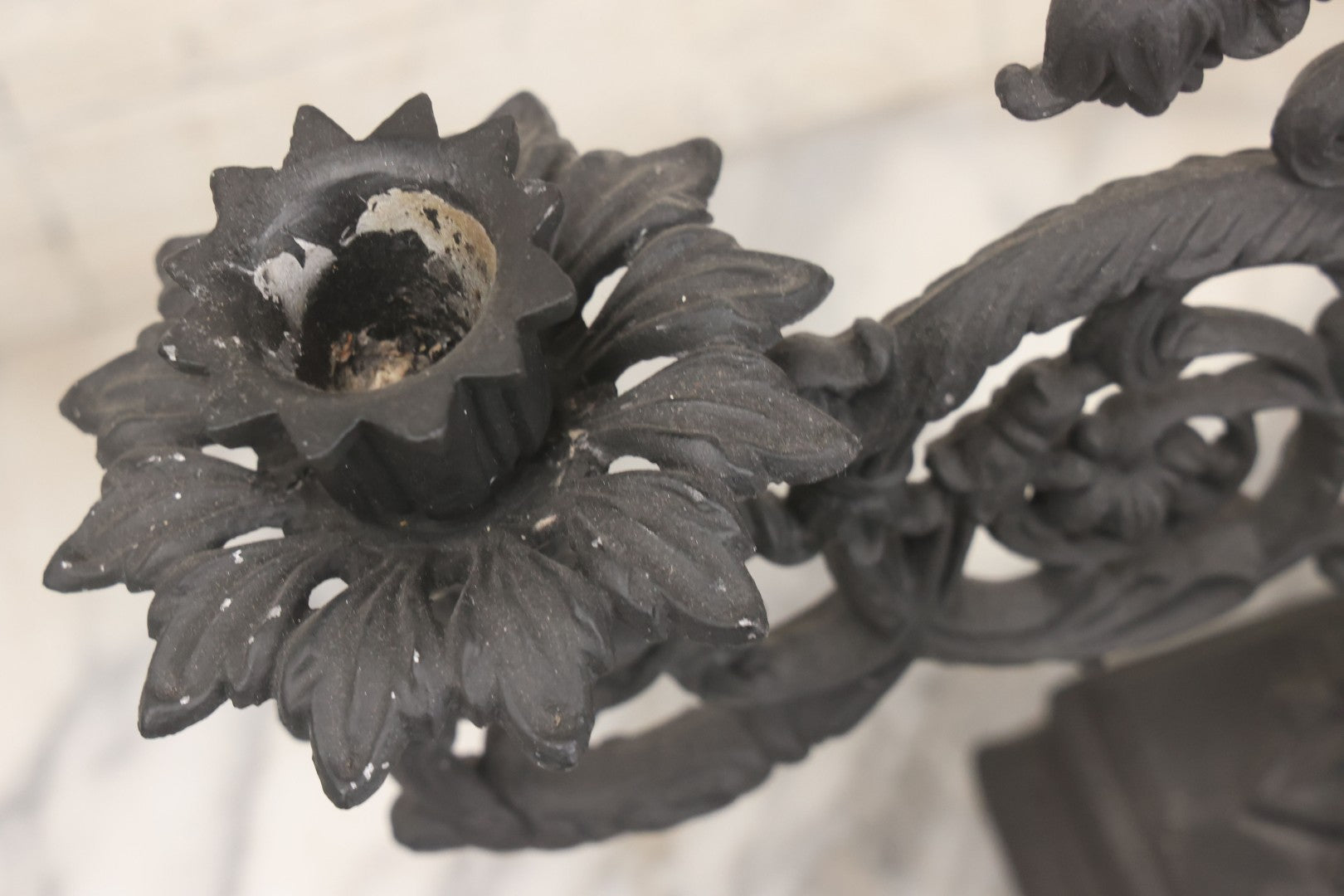 Lot 041 - Vintage Pair Of Ornate Cast Aluminum Three-Arm Candelabra With Scrolling Foliate Design And Square Plinth Bases, Painted Black, Reproductions Of Earlier Designs, 13-1/2" H Each