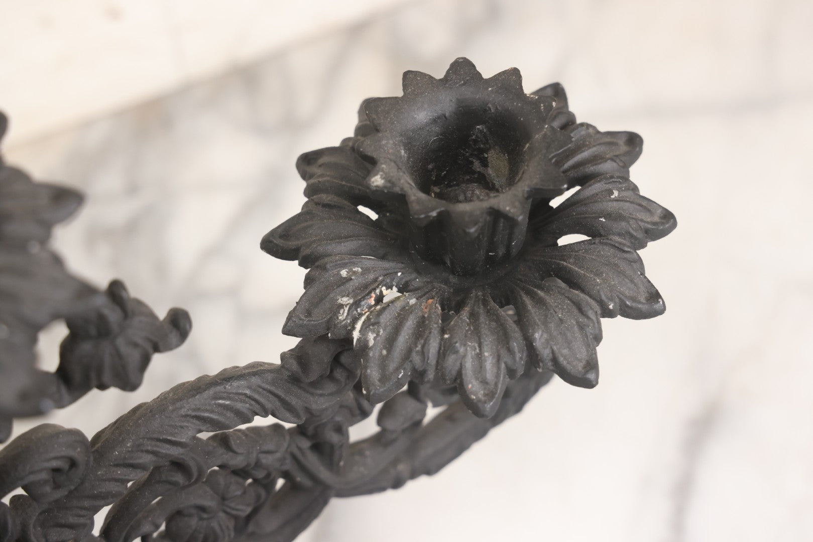 Lot 041 - Vintage Pair Of Ornate Cast Aluminum Three-Arm Candelabra With Scrolling Foliate Design And Square Plinth Bases, Painted Black, Reproductions Of Earlier Designs, 13-1/2" H Each