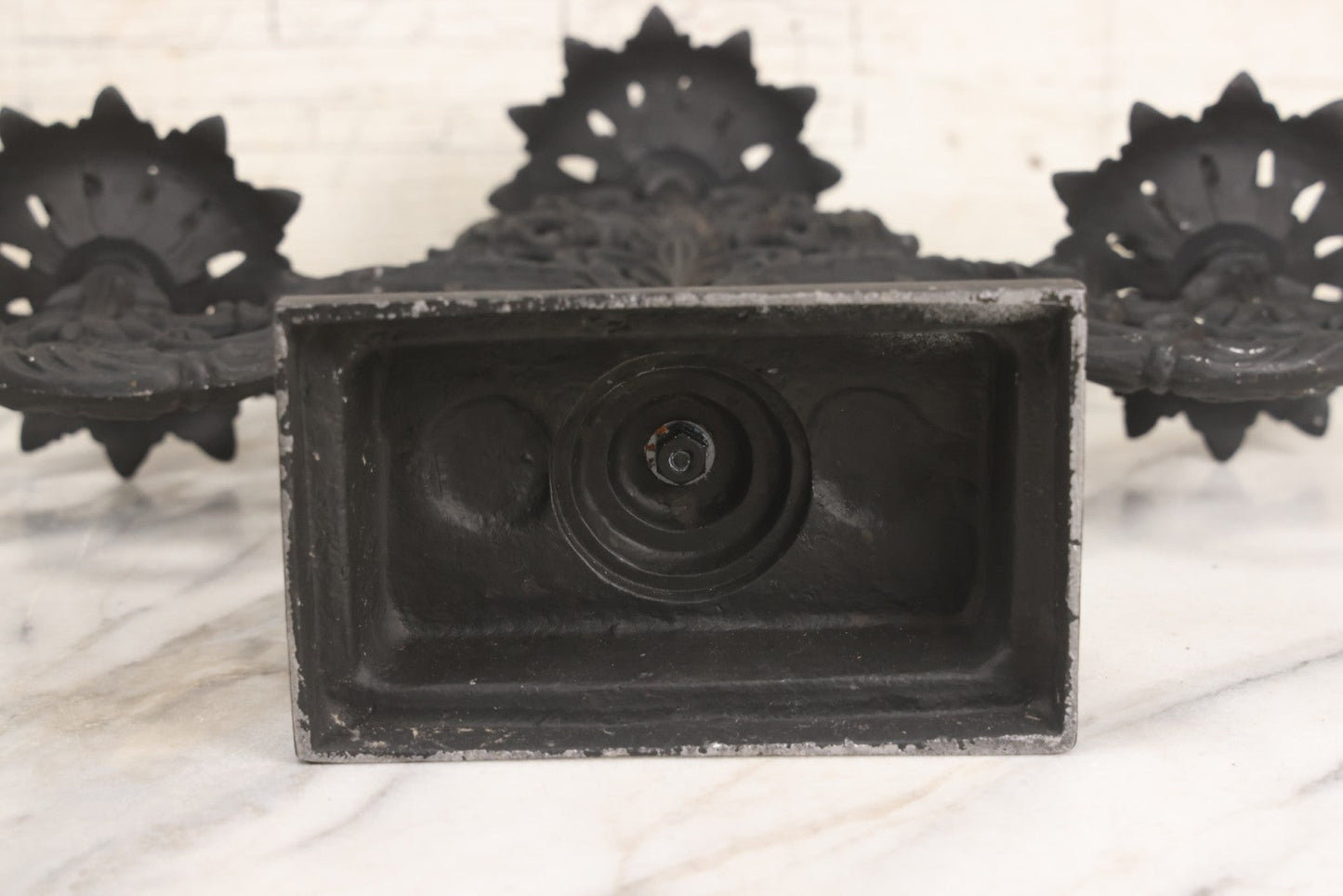Lot 041 - Vintage Pair Of Ornate Cast Aluminum Three-Arm Candelabra With Scrolling Foliate Design And Square Plinth Bases, Painted Black, Reproductions Of Earlier Designs, 13-1/2" H Each
