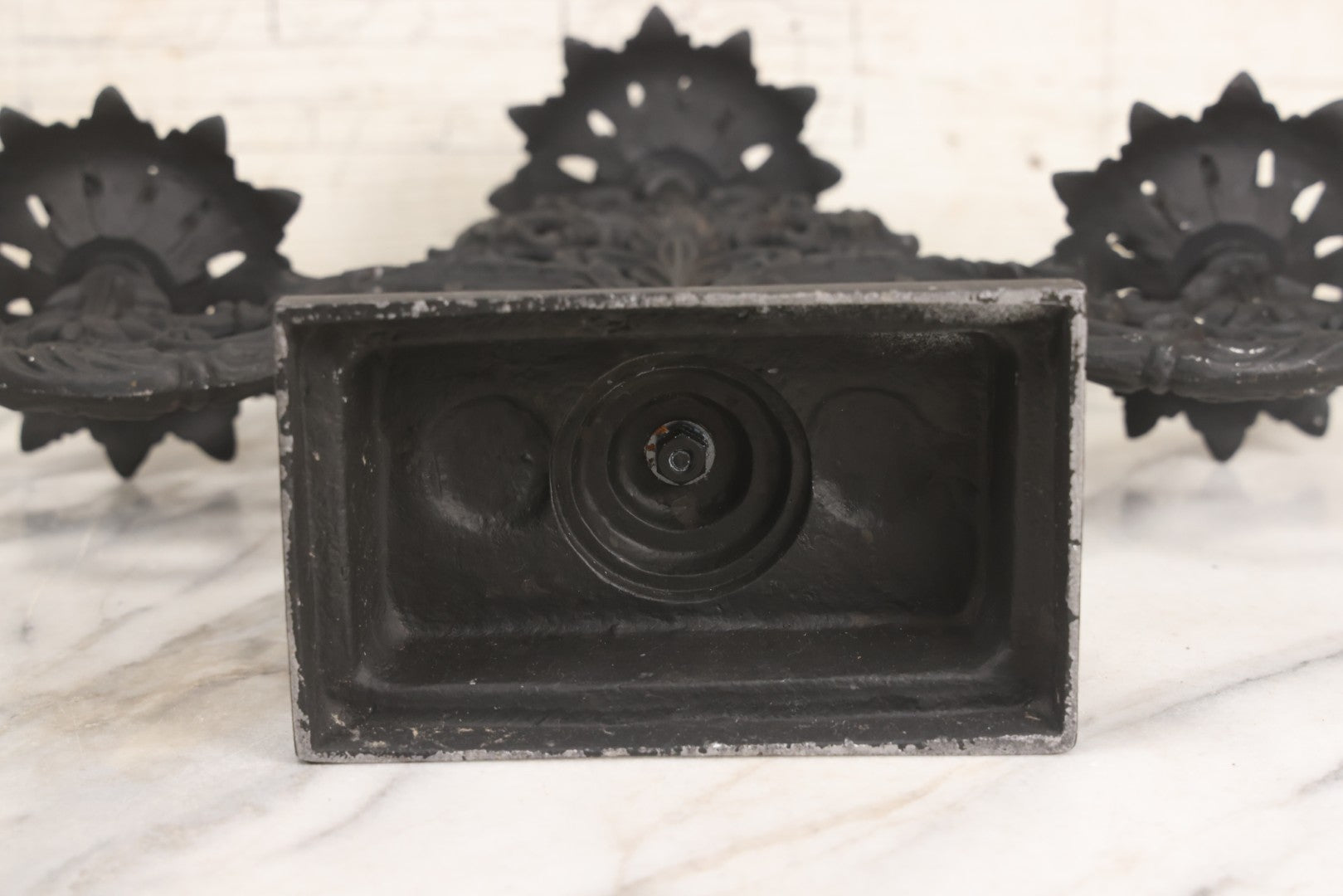 Lot 041 - Vintage Pair Of Ornate Cast Aluminum Three-Arm Candelabra With Scrolling Foliate Design And Square Plinth Bases, Painted Black, Reproductions Of Earlier Designs, 13-1/2" H Each