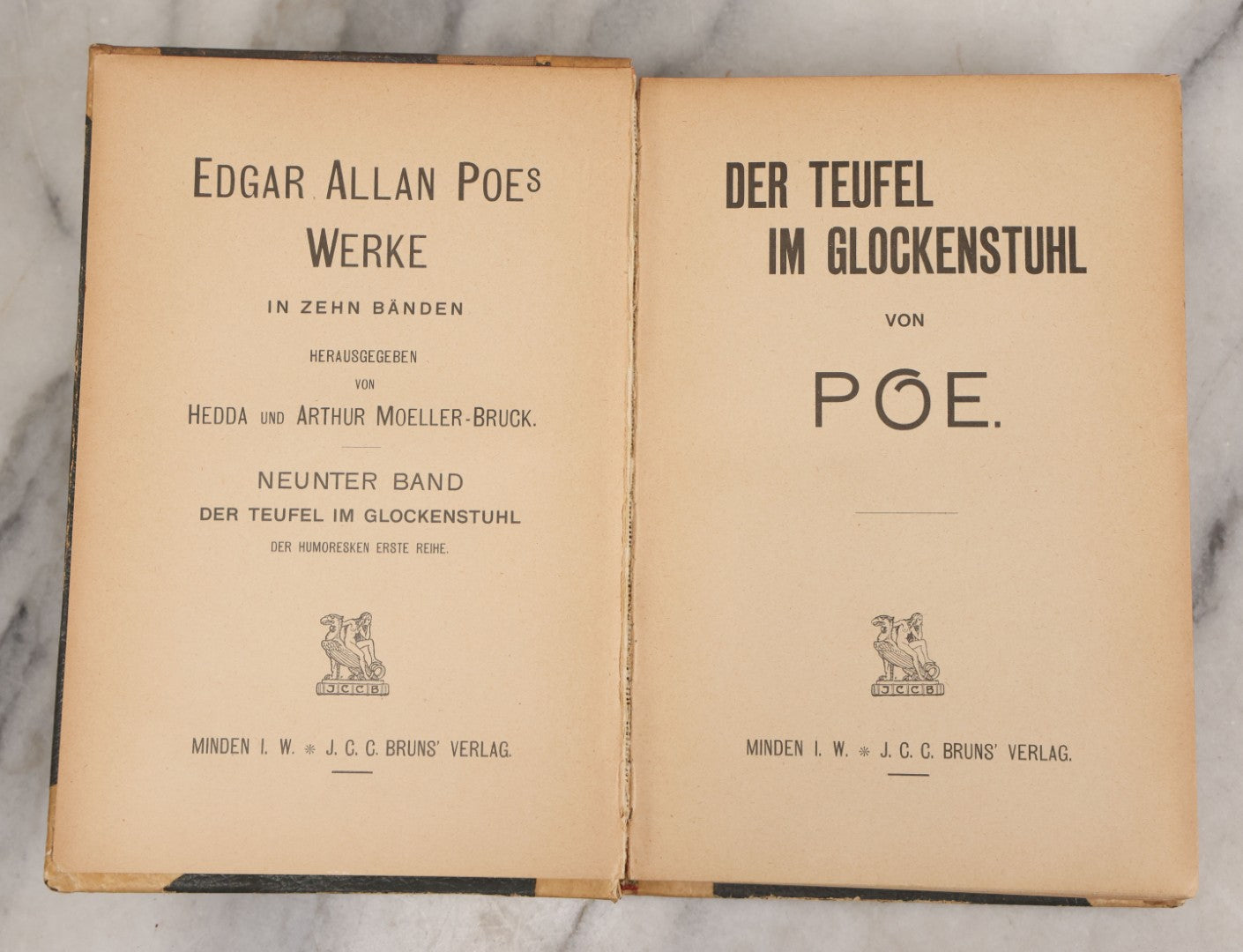 Lot 042 - Antique Set Of Five Edgar Allan Poe Works In German, “Edgar Allan Poe's Werke,” Published By J.C.C. Bruns' Verlag, Minden, Circa Early 20th Century