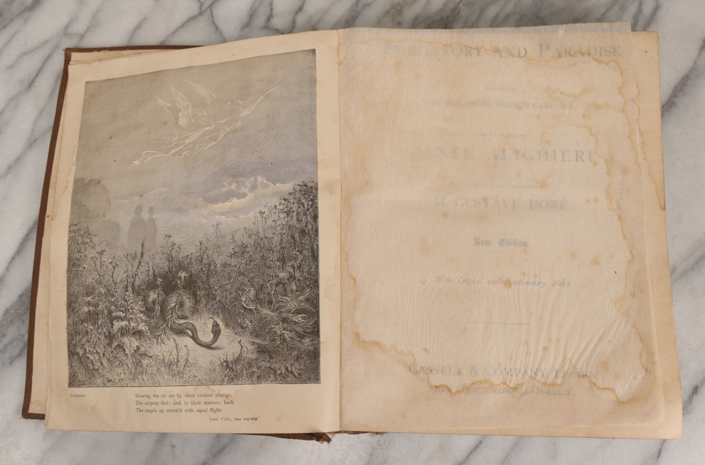 Lot 044 - “Purgatory And Paradise” Antique Book By Dante Alighieri, Translated By Rev. Henry Francis Cary, Illustrated By Gustave Doré, Published By Cassell & Company, New York, Circa Late 19th Century, Note Craft Grade With Extensive Water Damage