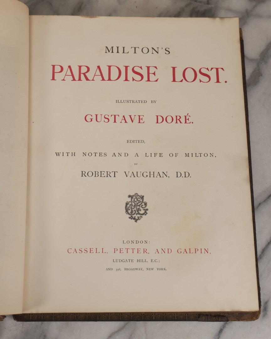 Lot 045 - “Paradise Lost” Antique Book By John Milton, Illustrated By Gustave Doré, Published By Cassell, Petter, And Galpin, Circa Late 19th C., Custom Bound For James H. Thorp, Atlantic Ave. Sabbath School, Jan. 1878, Note Covers Detached