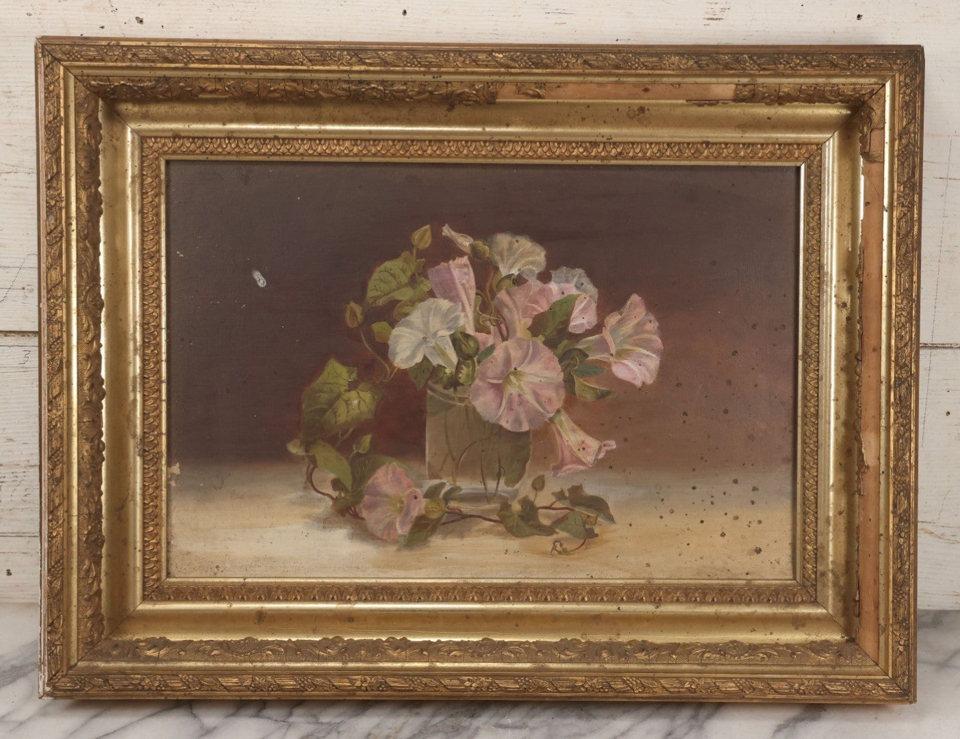 Lot 047 - Antique Still Life Oil On Canvas Painting Of Morning Glories In Gilt Gesso Frame, Late 19th Century, 23-5/8" x 17-3/4"