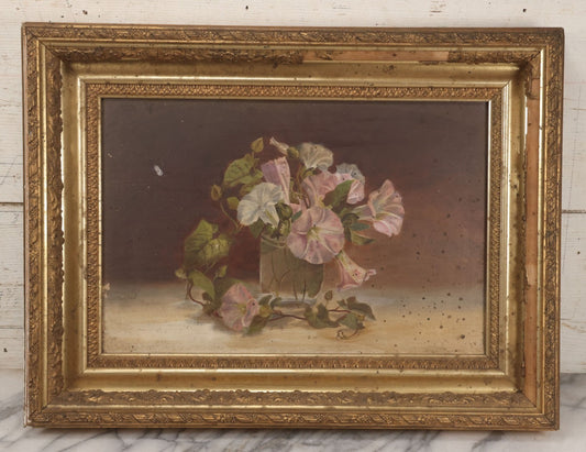 Lot 047 - Antique Still Life Oil On Canvas Painting Of Morning Glories In Gilt Gesso Frame, Late 19th Century, 23-5/8" x 17-3/4"