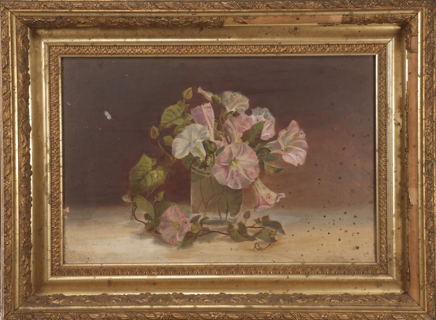 Lot 047 - Antique Still Life Oil On Canvas Painting Of Morning Glories In Gilt Gesso Frame, Late 19th Century, 23-5/8" x 17-3/4"