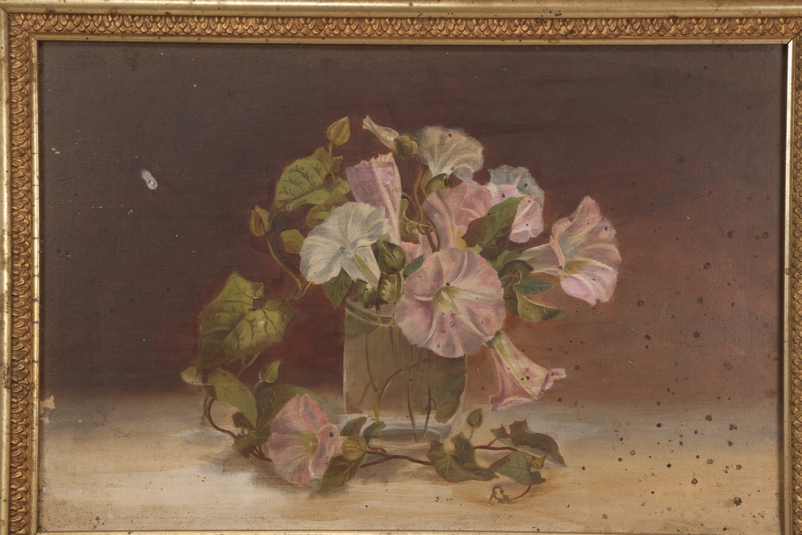 Lot 047 - Antique Still Life Oil On Canvas Painting Of Morning Glories In Gilt Gesso Frame, Late 19th Century, 23-5/8" x 17-3/4"