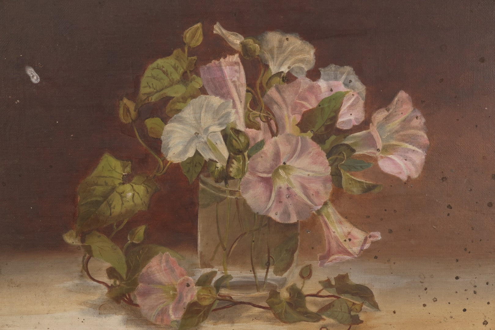 Lot 047 - Antique Still Life Oil On Canvas Painting Of Morning Glories In Gilt Gesso Frame, Late 19th Century, 23-5/8" x 17-3/4"