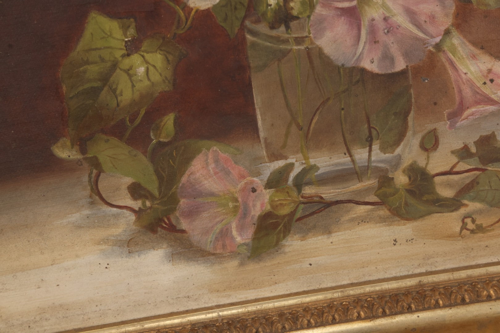 Lot 047 - Antique Still Life Oil On Canvas Painting Of Morning Glories In Gilt Gesso Frame, Late 19th Century, 23-5/8" x 17-3/4"