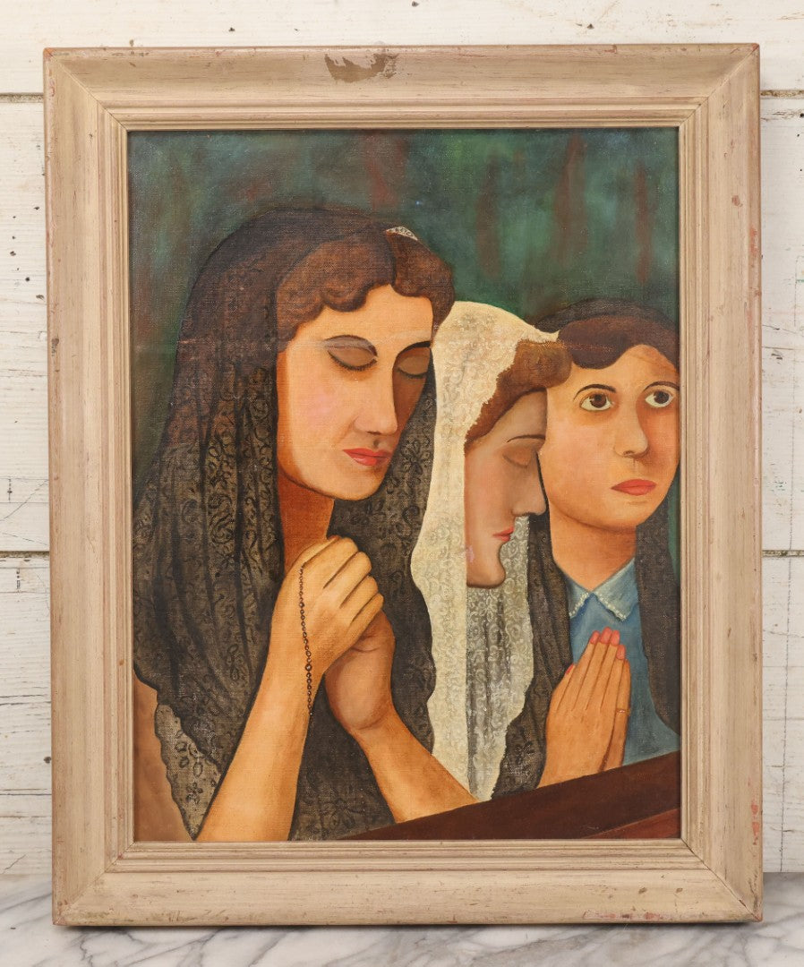 Lot 048 - Vintage Oil On Board Painting Of Three Young Women In Prayer With Lace Veils And Rosary, In Painted Wooden Frame, 17-1/4" x 21-1/4"