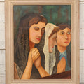 Lot 048 - Vintage Oil On Board Painting Of Three Young Women In Prayer With Lace Veils And Rosary, In Painted Wooden Frame, 17-1/4" x 21-1/4"
