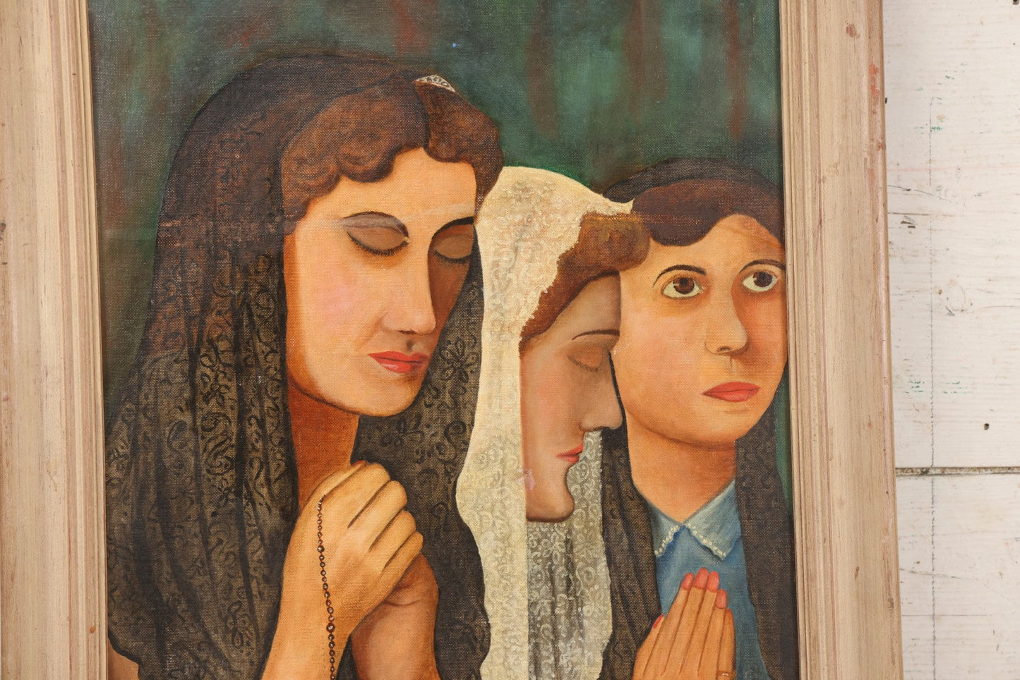 Lot 048 - Vintage Oil On Board Painting Of Three Young Women In Prayer With Lace Veils And Rosary, In Painted Wooden Frame, 17-1/4" x 21-1/4"